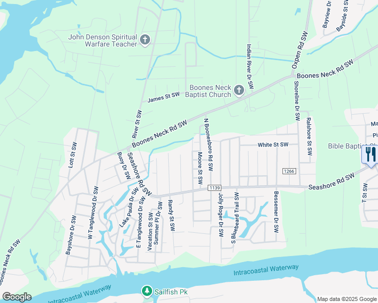 map of restaurants, bars, coffee shops, grocery stores, and more near 2321 Northridge Drive Southwest in Brunswick County