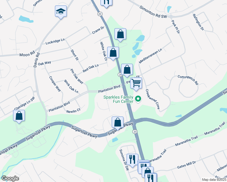 map of restaurants, bars, coffee shops, grocery stores, and more near 382 Plantation Boulevard in Lawrenceville