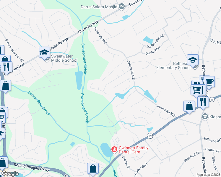 map of restaurants, bars, coffee shops, grocery stores, and more near 3350 Oaktree Park Drive Northwest in Lawrenceville