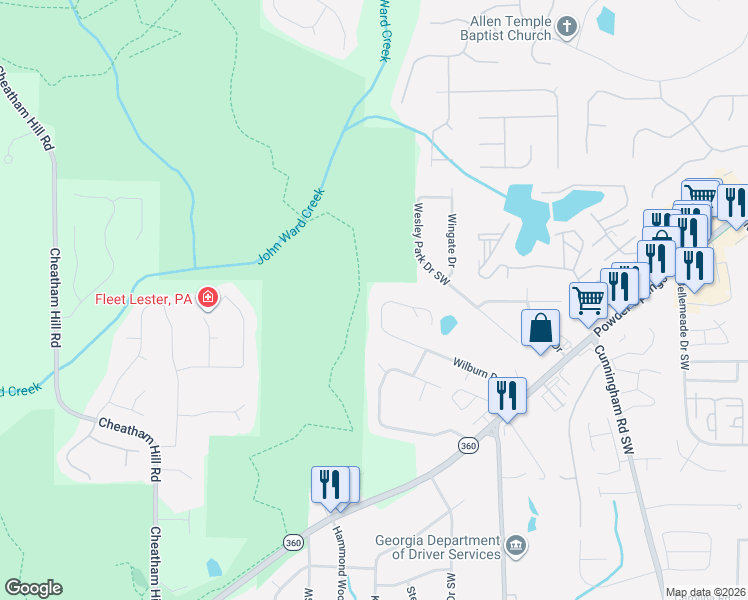 map of restaurants, bars, coffee shops, grocery stores, and more near 1179 Wilburn Drive Southwest in Marietta