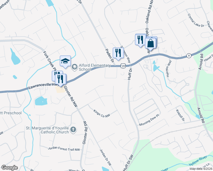 map of restaurants, bars, coffee shops, grocery stores, and more near 2550 Regal Circle in Lawrenceville