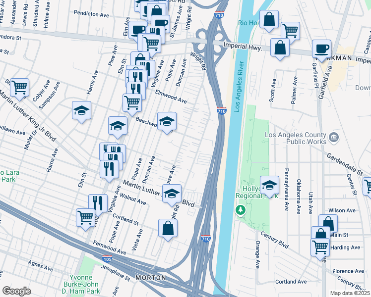 map of restaurants, bars, coffee shops, grocery stores, and more near 11230 Louise Avenue in Lynwood