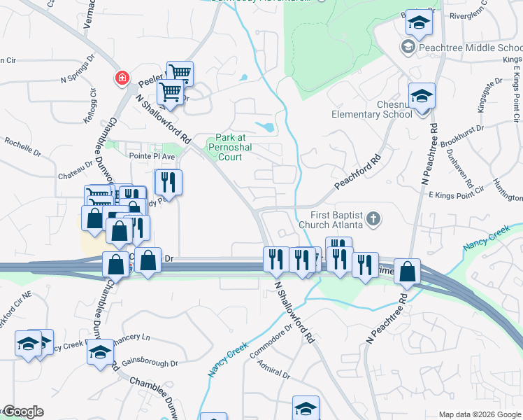 map of restaurants, bars, coffee shops, grocery stores, and more near 4440 North Shallowford Road in Dunwoody