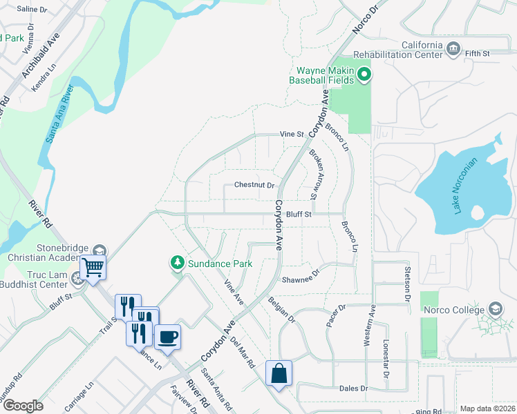 map of restaurants, bars, coffee shops, grocery stores, and more near 3527 Bluff Street in Norco