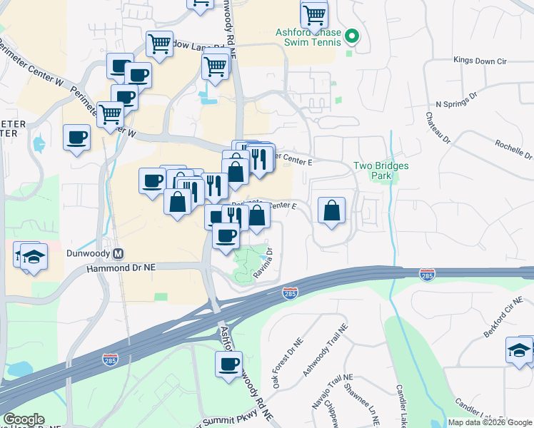 map of restaurants, bars, coffee shops, grocery stores, and more near 70 Perimeter Center East in Atlanta
