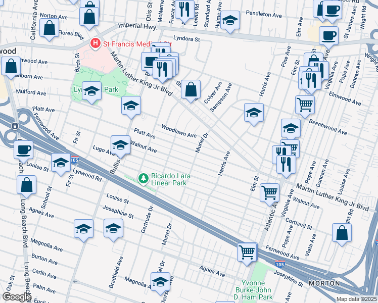 map of restaurants, bars, coffee shops, grocery stores, and more near 3973 Walnut Avenue in Lynwood