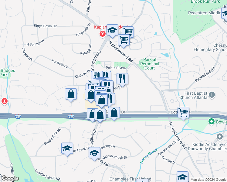 map of restaurants, bars, coffee shops, grocery stores, and more near 4333 Dunwoody Park in Dunwoody