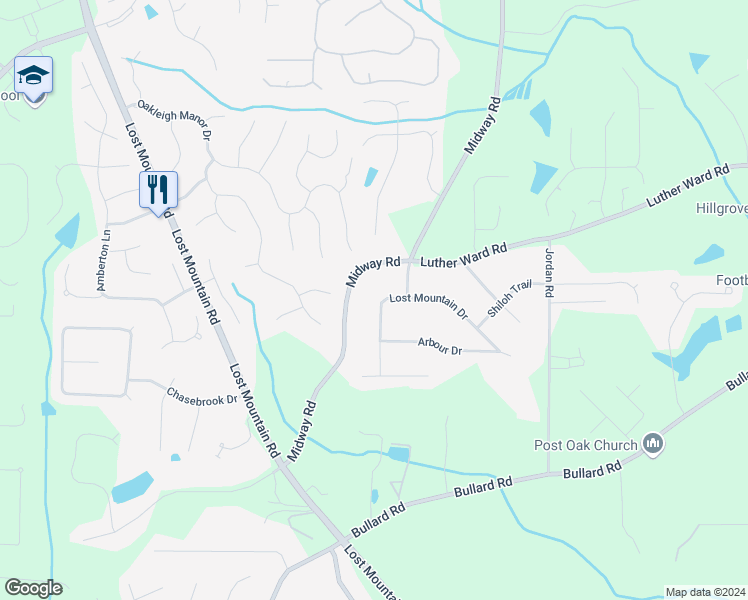 map of restaurants, bars, coffee shops, grocery stores, and more near 4610 Lost Mountain Drive in Powder Springs