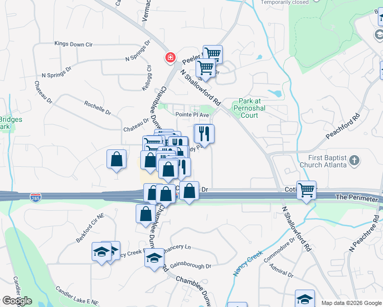 map of restaurants, bars, coffee shops, grocery stores, and more near 4333 Dunwoody Park in Atlanta