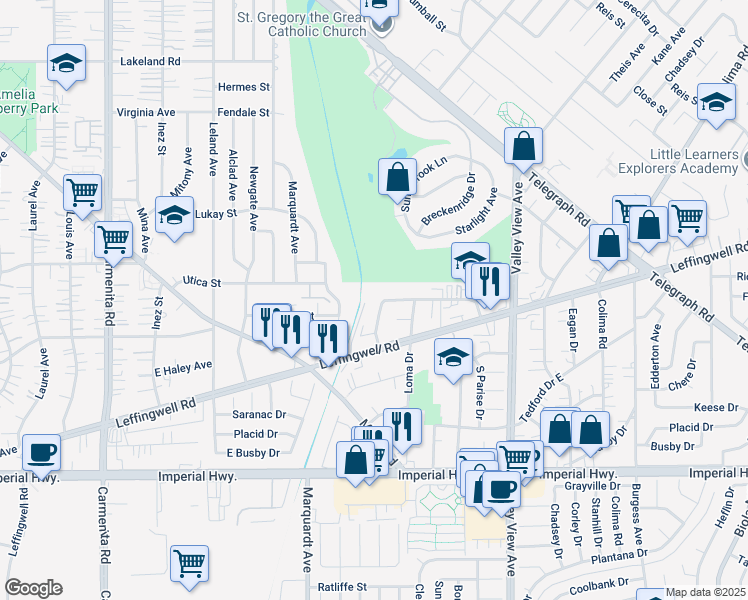 map of restaurants, bars, coffee shops, grocery stores, and more near 13955 Coteau Drive in Whittier