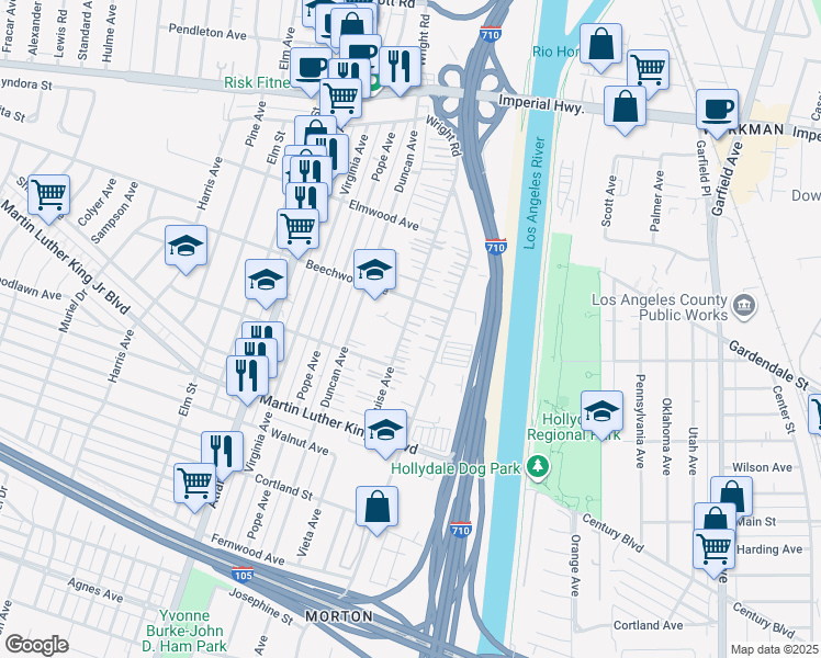 map of restaurants, bars, coffee shops, grocery stores, and more near 11230 Louise Avenue in Lynwood
