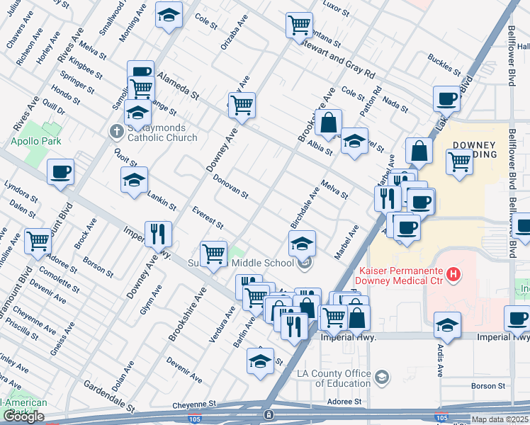 map of restaurants, bars, coffee shops, grocery stores, and more near 8510 Donovan Street in Downey