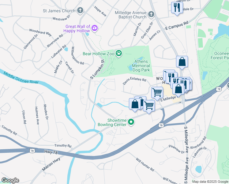 map of restaurants, bars, coffee shops, grocery stores, and more near 270 Sleepy Creek Drive in Athens