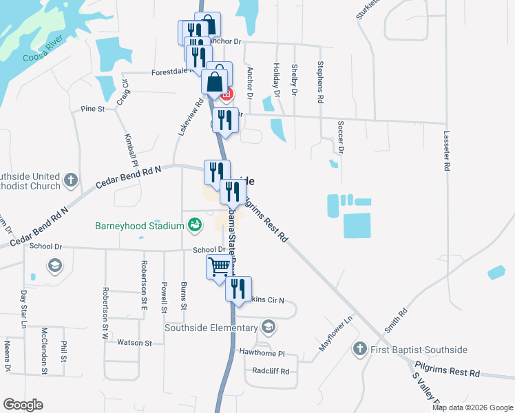 map of restaurants, bars, coffee shops, grocery stores, and more near 3083 Pilgrims Rest Road in Southside