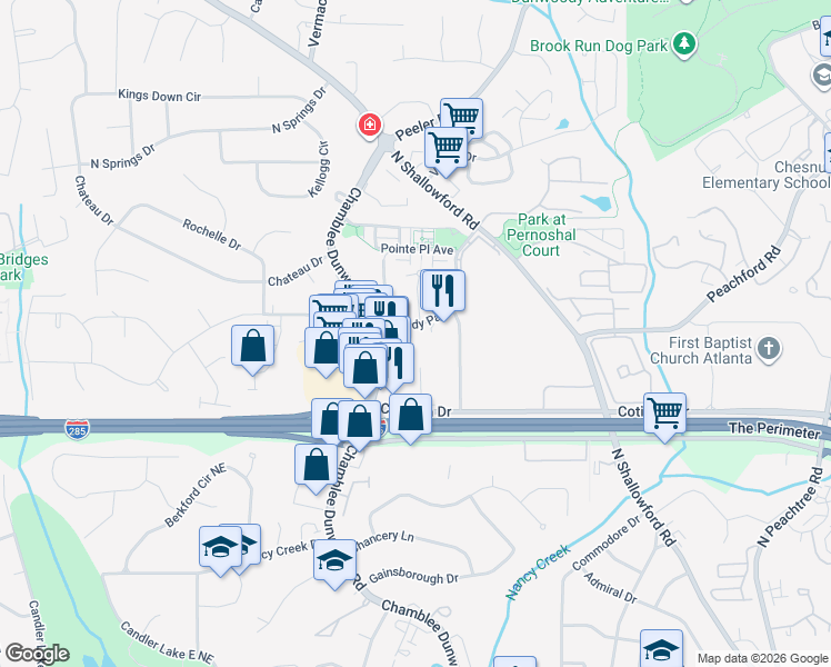 map of restaurants, bars, coffee shops, grocery stores, and more near 4333 Dunwoody Park in Dunwoody