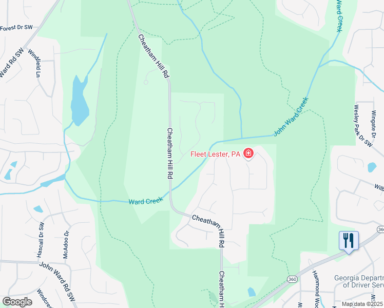 map of restaurants, bars, coffee shops, grocery stores, and more near 1187 Ward Creek Drive Southwest in Marietta