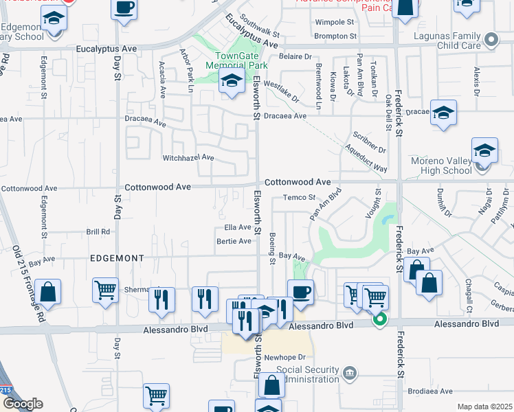 map of restaurants, bars, coffee shops, grocery stores, and more near 13611 Elsworth Street in Moreno Valley