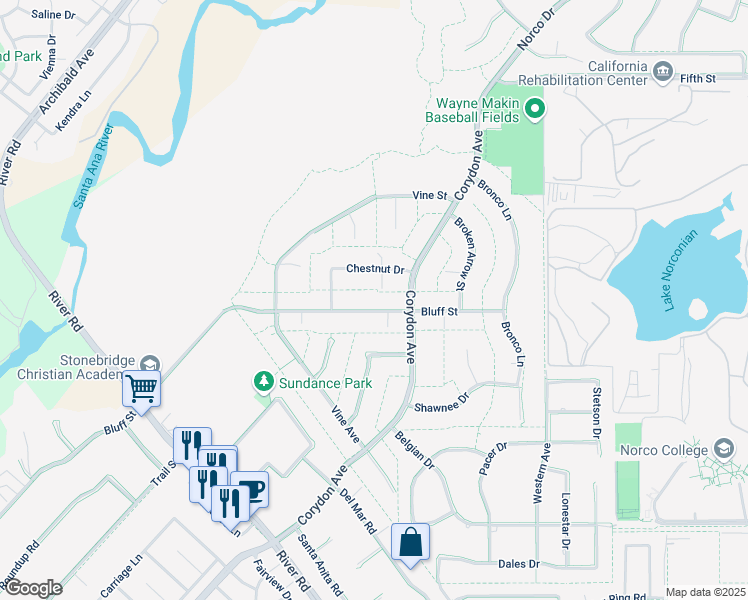 map of restaurants, bars, coffee shops, grocery stores, and more near 3537 Bluff Street in Norco