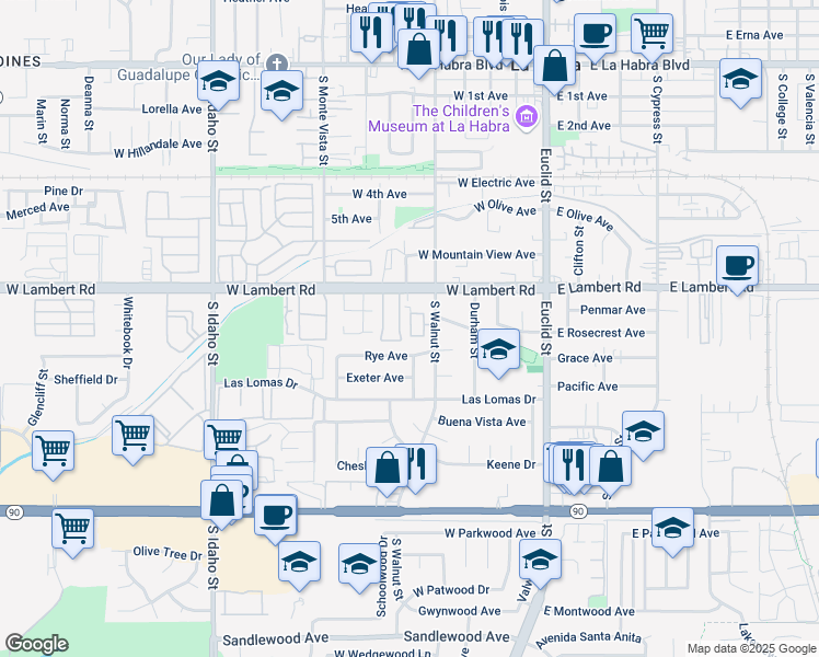map of restaurants, bars, coffee shops, grocery stores, and more near 537 Stone Harbor Circle in La Habra