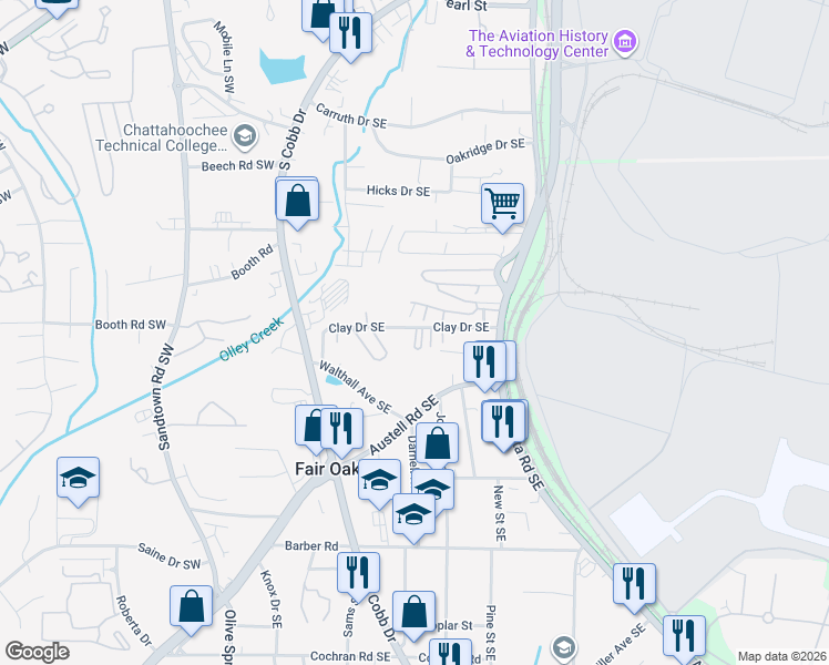 map of restaurants, bars, coffee shops, grocery stores, and more near 241 Clay Drive in Marietta