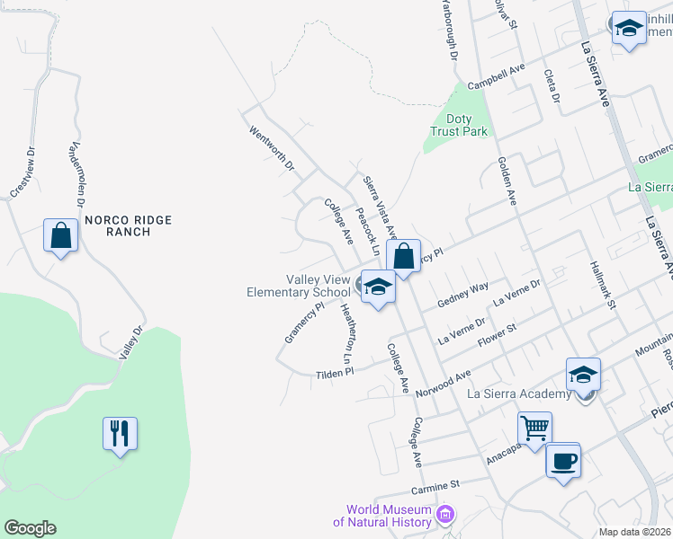 map of restaurants, bars, coffee shops, grocery stores, and more near 5393 Circle View Drive in Riverside