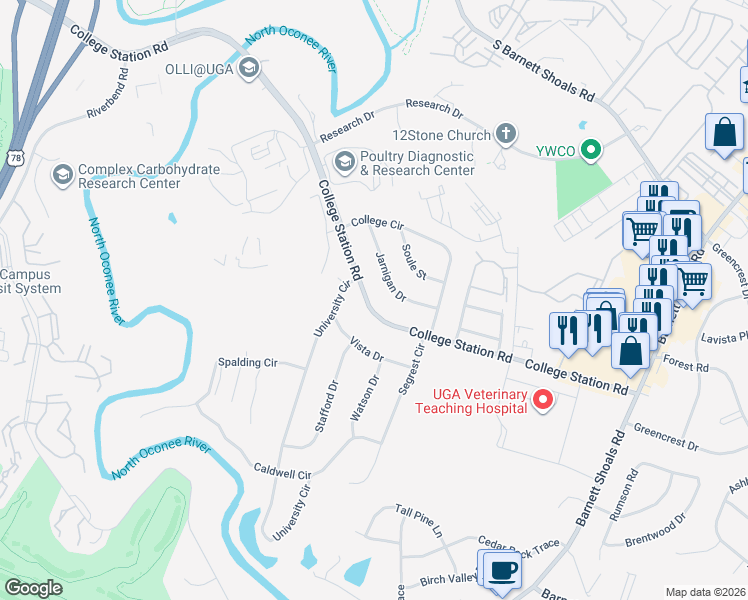 map of restaurants, bars, coffee shops, grocery stores, and more near 142 Jarnigan Drive in Athens