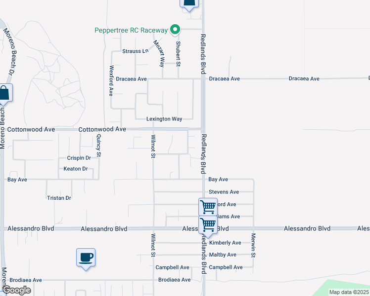 map of restaurants, bars, coffee shops, grocery stores, and more near 13571 Altivo Street in Moreno Valley