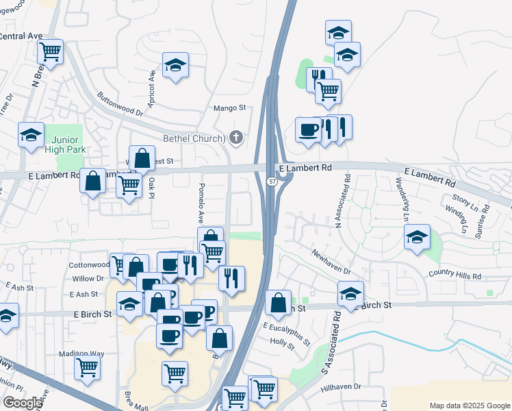 map of restaurants, bars, coffee shops, grocery stores, and more near 344 Woodland Avenue in Brea