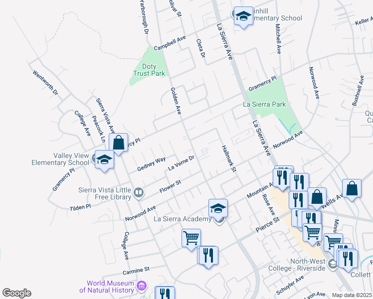 map of restaurants, bars, coffee shops, grocery stores, and more near 5236 Golden Avenue in Riverside