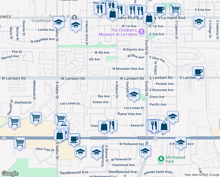 map of restaurants, bars, coffee shops, grocery stores, and more near 537 Stone Harbor Circle in La Habra