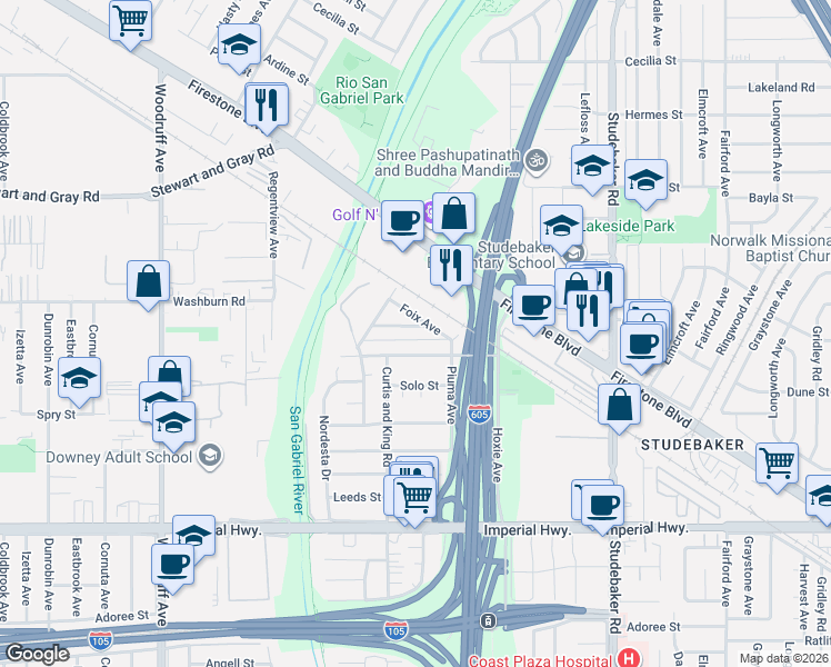 map of restaurants, bars, coffee shops, grocery stores, and more near 10629 Foix Avenue in Norwalk