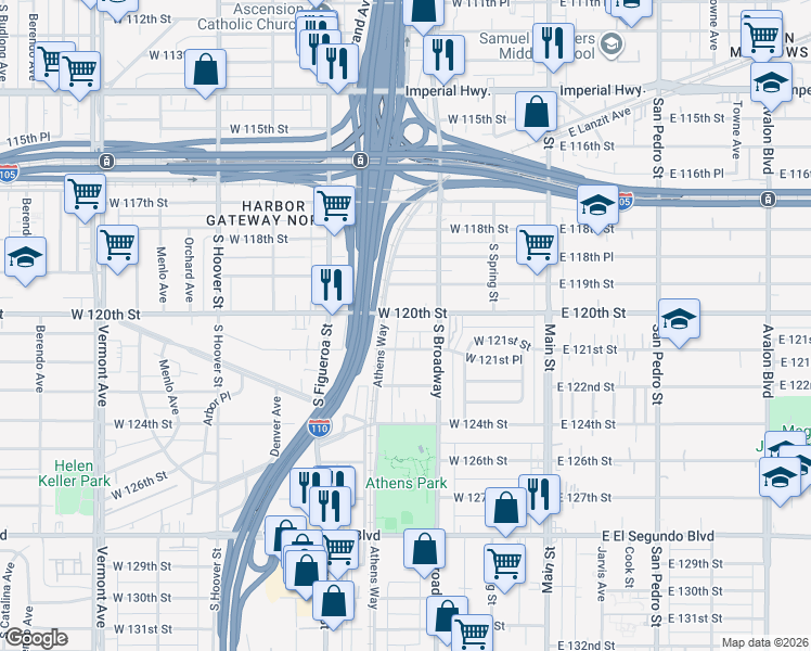 map of restaurants, bars, coffee shops, grocery stores, and more near 333 West 120th Street in Los Angeles