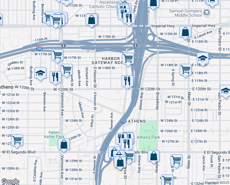 map of restaurants, bars, coffee shops, grocery stores, and more near 535 West 120th Street in Los Angeles