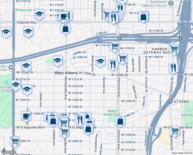 map of restaurants, bars, coffee shops, grocery stores, and more near 11937 Budlong Avenue in Los Angeles