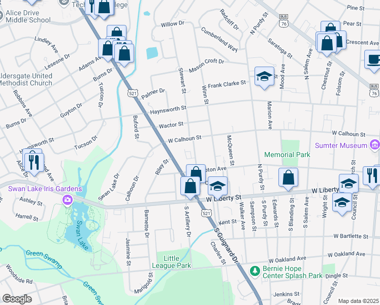 map of restaurants, bars, coffee shops, grocery stores, and more near 528 West Calhoun Street in Sumter