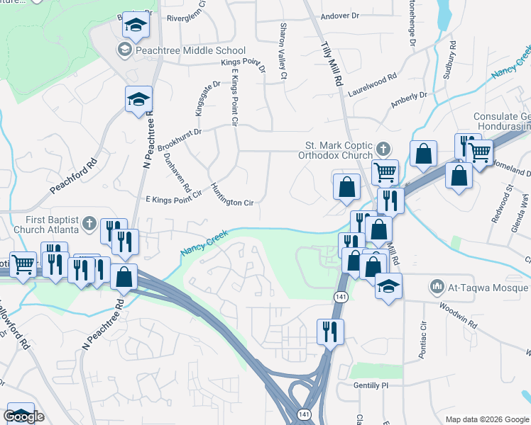map of restaurants, bars, coffee shops, grocery stores, and more near 4320 Huntington Circle in Dunwoody