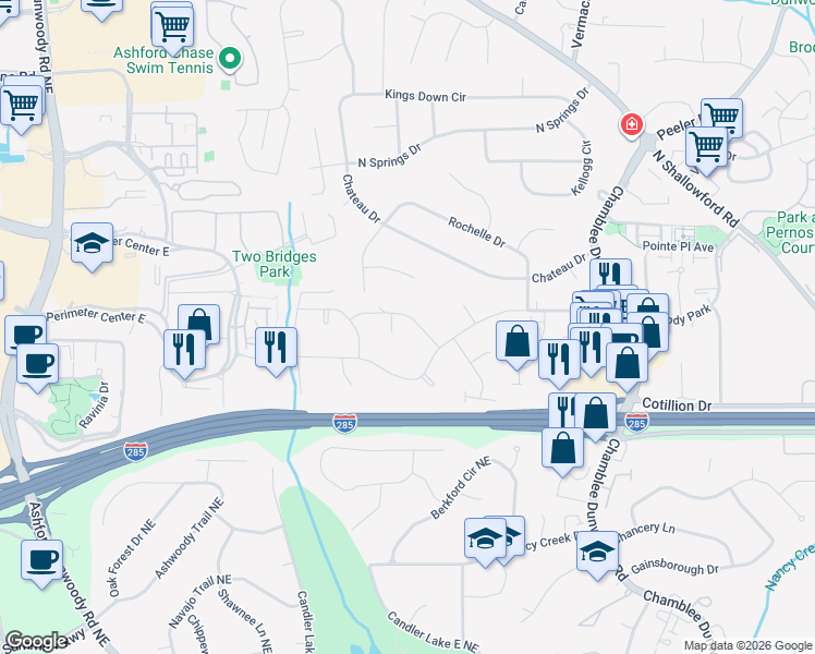 map of restaurants, bars, coffee shops, grocery stores, and more near 1574 Bishop Hollow Run in Atlanta