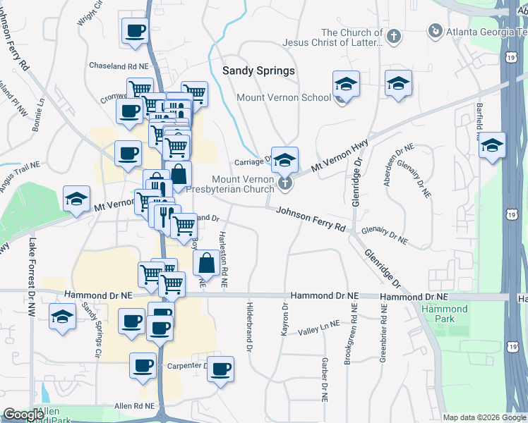 map of restaurants, bars, coffee shops, grocery stores, and more near 415 Mount Vernon Highway in Atlanta