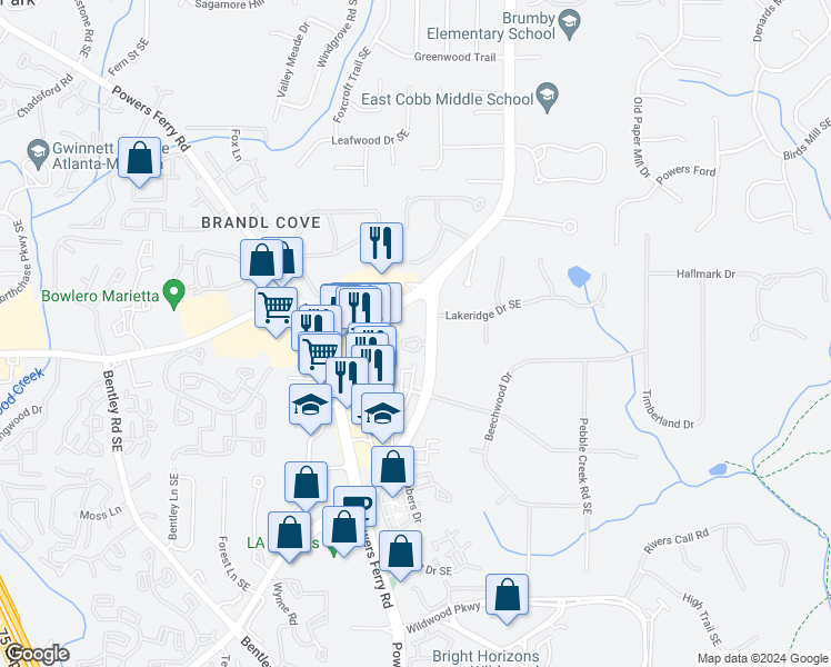 map of restaurants, bars, coffee shops, grocery stores, and more near 1150 Terrell Mill Road Southeast in Marietta