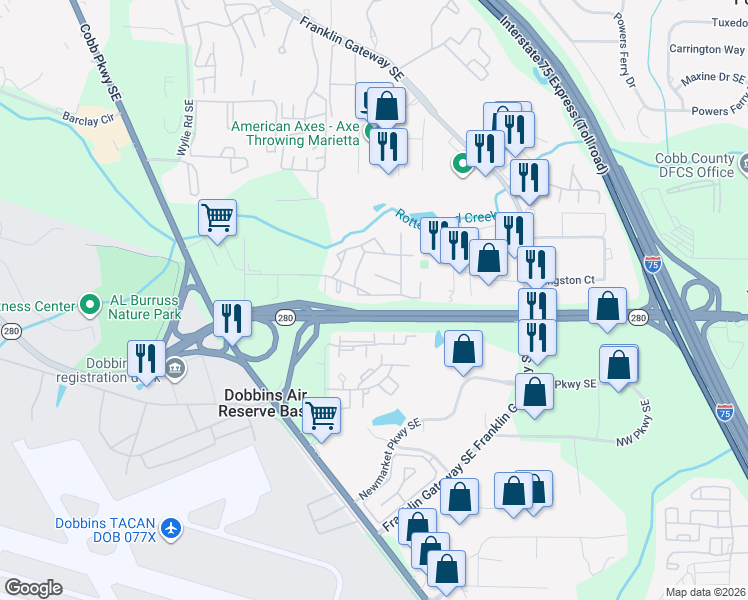 map of restaurants, bars, coffee shops, grocery stores, and more near 1202 Ashborough Terrace in Marietta