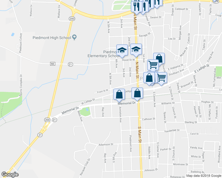 map of restaurants, bars, coffee shops, grocery stores, and more near 200 Alabama 21 in Piedmont