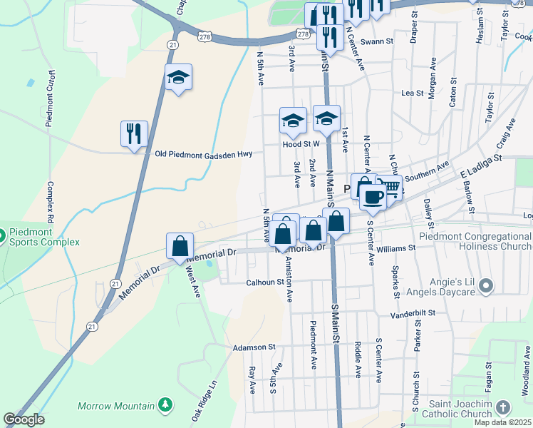 map of restaurants, bars, coffee shops, grocery stores, and more near 200 Alabama 21 in Piedmont