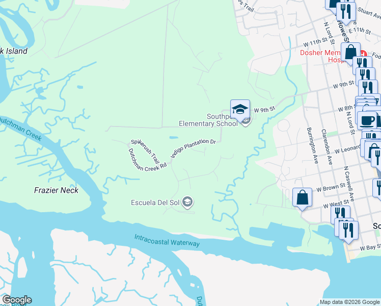 map of restaurants, bars, coffee shops, grocery stores, and more near 752 Indigo Village Court in Southport