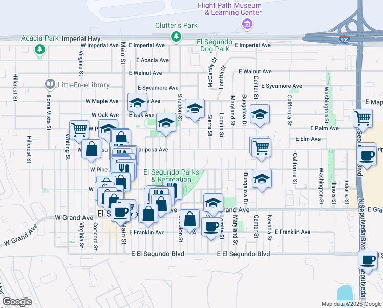 map of restaurants, bars, coffee shops, grocery stores, and more near 537 Penn Street in El Segundo