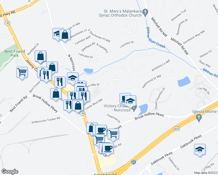 map of restaurants, bars, coffee shops, grocery stores, and more near 5895 Sierra Drive Northwest in Norcross