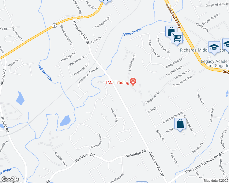 map of restaurants, bars, coffee shops, grocery stores, and more near 173 Patterson Rd in Lawrenceville