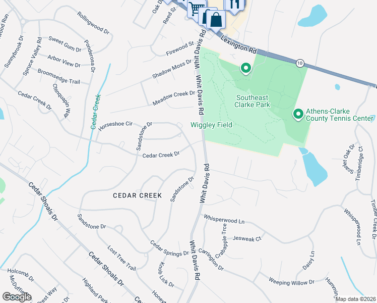 map of restaurants, bars, coffee shops, grocery stores, and more near 575 Cedar Creek Drive in Athens