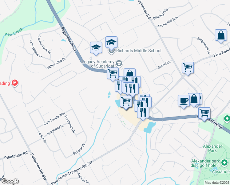 map of restaurants, bars, coffee shops, grocery stores, and more near 3460 Sugarloaf Parkway in Lawrenceville