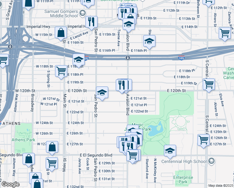 map of restaurants, bars, coffee shops, grocery stores, and more near 418 East 120th Street in Los Angeles