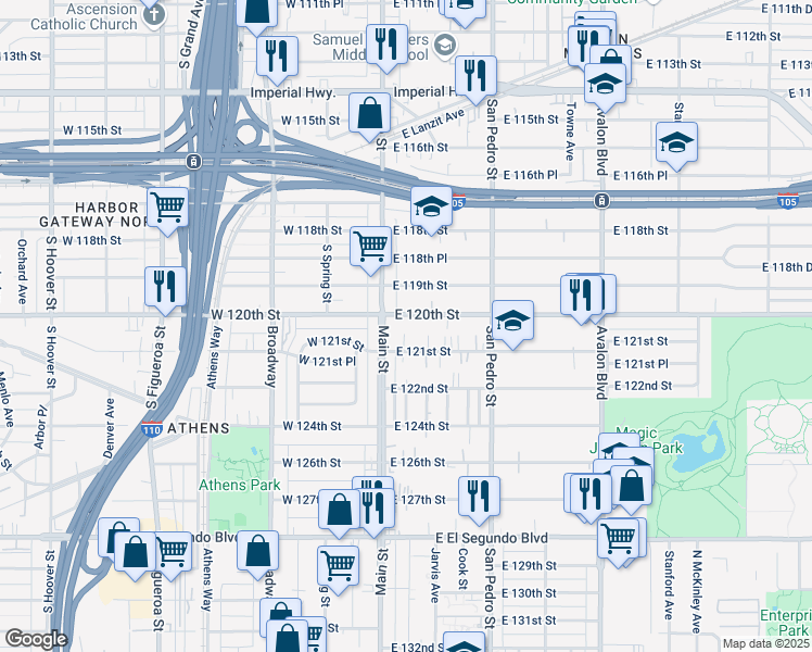 map of restaurants, bars, coffee shops, grocery stores, and more near 11924 South Main Street in Los Angeles